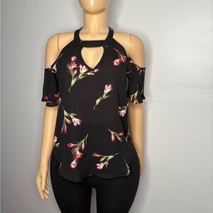 Cold-Shoulder Black Floral Keyhole Top